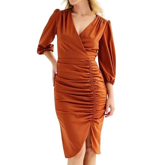 Maison Tara Sienna Brown Sheath Dress 16 Asymmetric Ruch Neutral Party Glam NWT - Picture 1 of 16